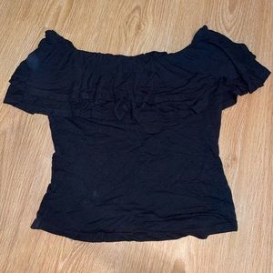 sweet wanderer medium black off the shoulder top with ruffles on the top